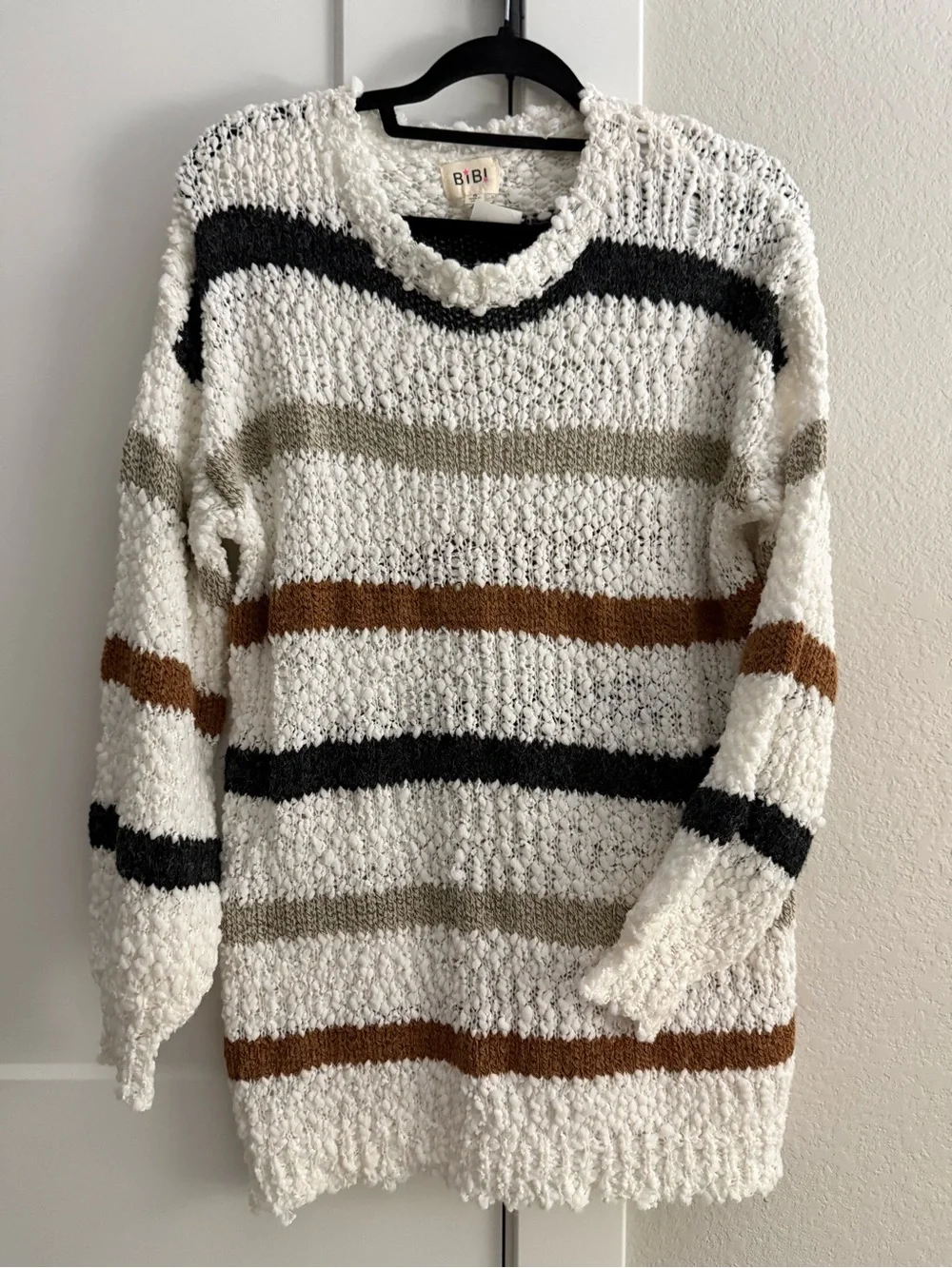 BiBi Striped Popcorn Boucle Knit Sweater Size S Boho Balloon Sleeve